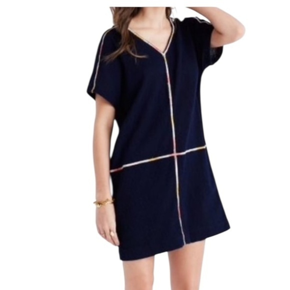 Madewell Navy Blue V-Neck Shift Dress cotton w/multicolor embroidered detail